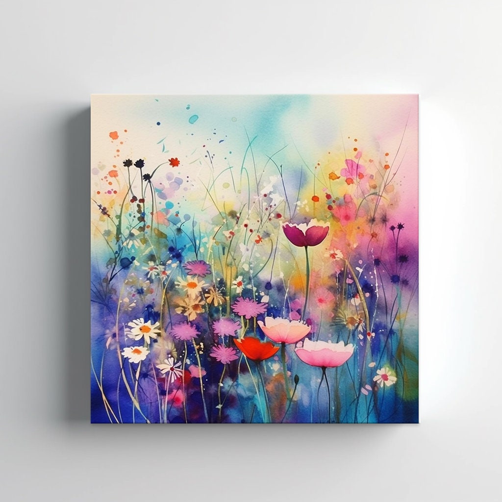 Bright Colourful Wildflowers Meadow Field Abstract Watercolour Painting  Style Canvas Print, Botanical Art Prints, Modern Floral Wall Art