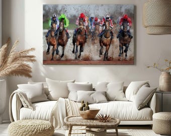 Jockeys Canvas Print Wall Art – Colorful Horse Racing Painting – Vibrant Equestrian Decor for Living Room, Office Sports-Inspired Interiors
