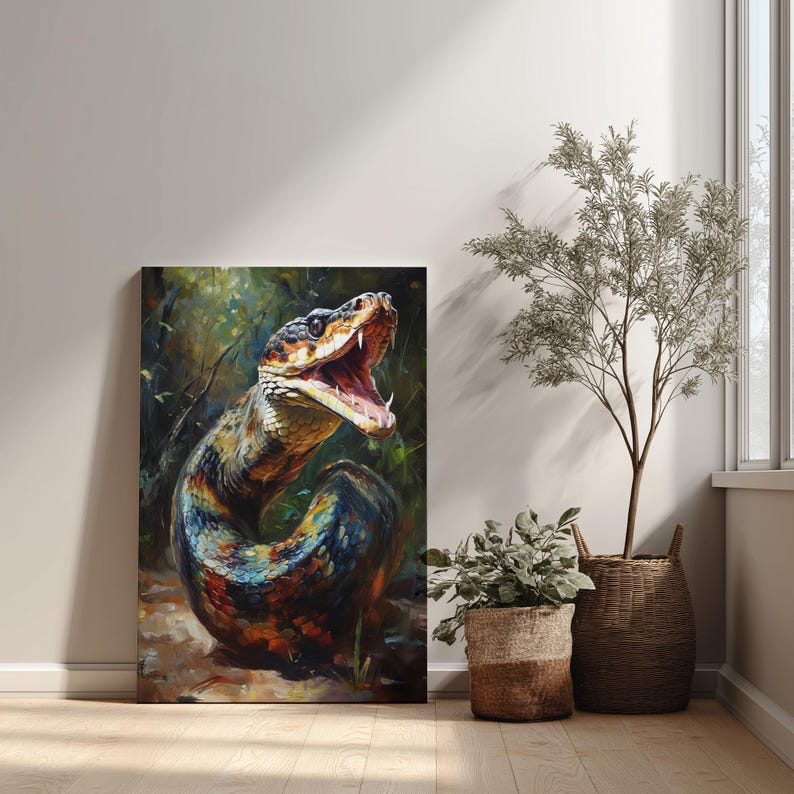 May include: A rectangular wall art print featuring an oil painting of a coiled snake with its mouth open, displaying sharp fangs. The snake has a textured, multi-coloured scale pattern in shades of orange, blue, yellow, and dark brown.