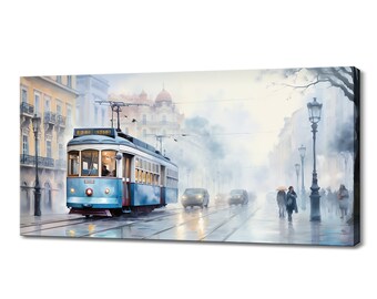 Lisbon Tram Watercolor Canvas Print, Cityscape Wall Art, Home Office Decor