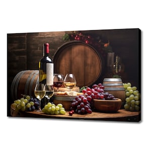Wine Glasses Bottle Grapes Canvas Print | Tuscany Vineyard Italian Art | Wine Lover Gift Wall Hanging | Kitchen Restaurant Wall Art Print