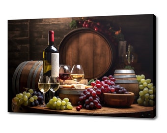 Wine Glasses Bottle Grapes Canvas Print | Tuscany Vineyard Italian Art | Wine Lover Gift Wall Hanging | Kitchen Restaurant Wall Art Print