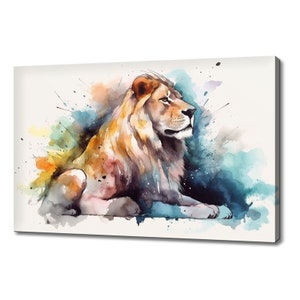 Cute Old Lion Wild Cat Watercolour Canvas Print | Animals Canvas Picture | Lion Lovers Gift Painting Wall Hanging | Wall Art Print On Canvas