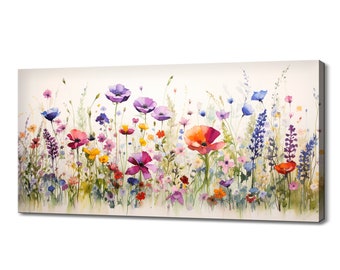 Colourful Wildflowers Poppies Meadow Art Print | Meadow Flowers Canvas Print | Watercolour Botanical Floral Wall Hanging | Flowers Wall Art