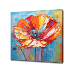 Red Poppy Flower Stem Oil Painting Style Canvas Print, Modern Floral Print, Botanical Art Picture Wall Hanging, Bright Floral Prints