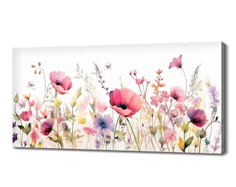 Lámina artística de pradera de flores silvestres rosas / Lienzo impreso de flores de pradera / Adorno de pared floral botánico en acuarela / Decoración de pared con flores coloridas