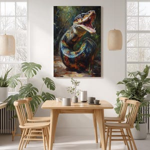 May include: A vertical wall art print featuring an oil painting of a coiled snake with its mouth open, displaying sharp fangs. The snake has iridescent scales in shades of blue, green, orange, and black, set against a dark, textured forest background.
