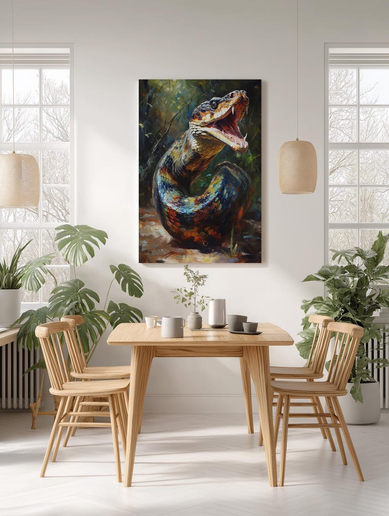May include: A vertical wall art print featuring an oil painting of a coiled snake with its mouth open, displaying sharp fangs. The snake has iridescent scales in shades of blue, green, orange, and black, set against a dark, textured forest background.