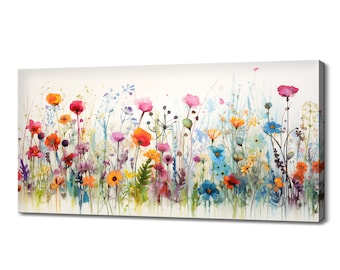 Colourful Wildflowers Field Meadow Art Print | Meadow Flowers Canvas Print | Watercolour Botanical Floral Wall Hanging | Flowers Wall Art