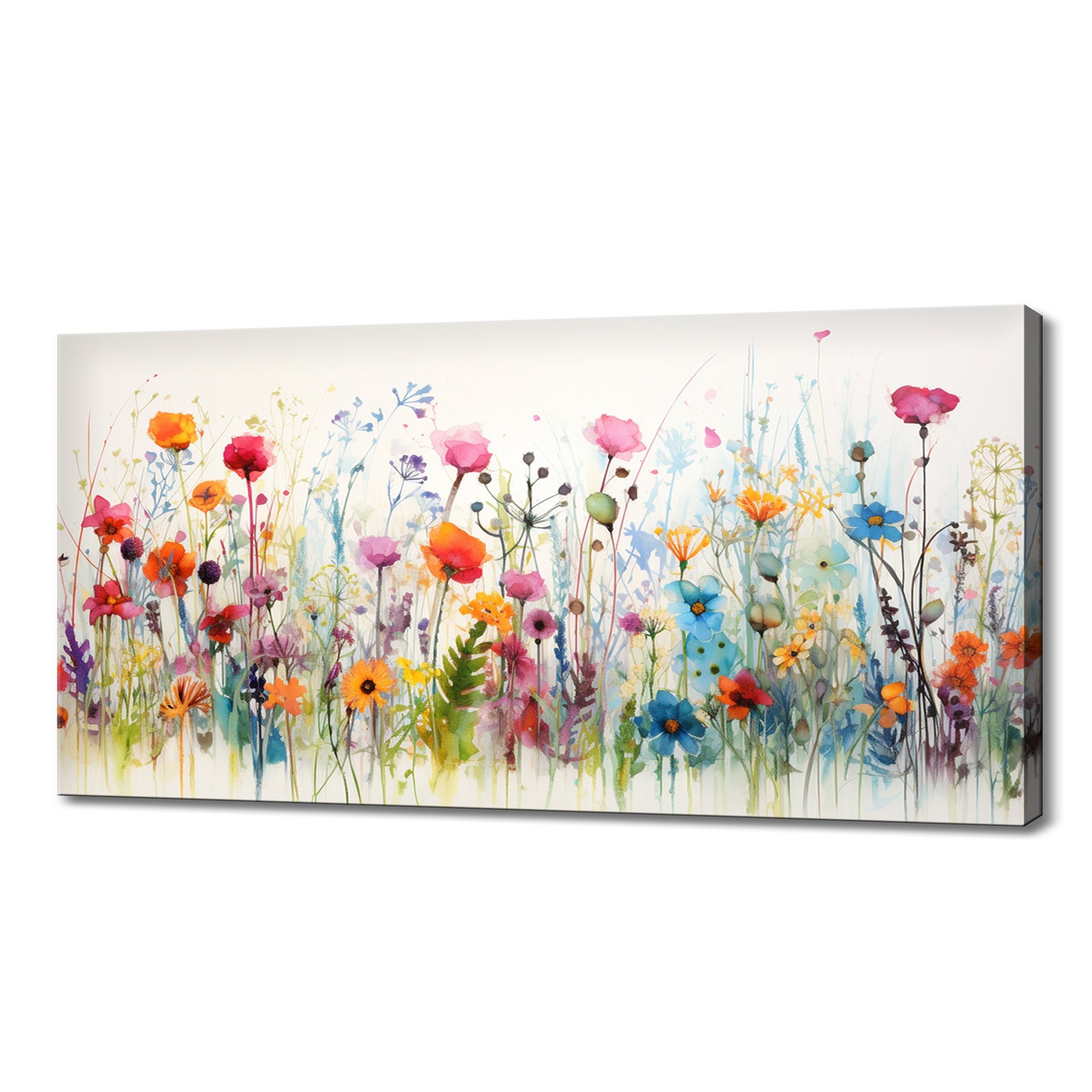Colourful Wildflowers Field Meadow Art Print | Meadow Flowers Canvas Print | Watercolour Botanical Floral Wall Hanging | Flowers Wall Art