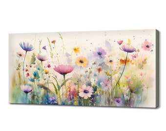 May include: Watercolor painting of a field of colorful wildflowers. The flowers are in shades of pink, purple, yellow, and blue. The background is a soft, watercolor wash of yellow and green.