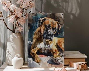 May include: Watercolor painting of a Boxer dog in shades of brown, white, and black. The dog is lying down, with a focused expression. The artwork is displayed on a white surface, with a vase of pink flowers in the background.