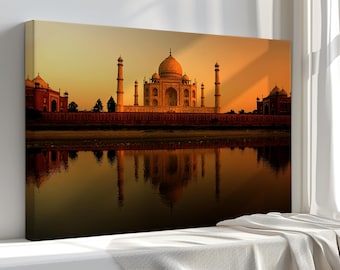 Taj Mahal al atardecer, impresión en lienzo – Decoración elegante para el hogar – Obra de arte de alta calidad para colgar en la pared, ideal para cualquier estilo de interior.