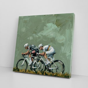 May include: Oil painting on canvas depicting two cyclists in a race. The cyclists are wearing helmets and racing attire, riding white bicycles. The background is a textured green with brushstrokes, suggesting a landscape. The artwork is mounted on a wooden frame.