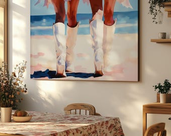 Retro Canvas Wall Art – Two Women Walking on Beach – Minimalist Coastal Painting with White Boots