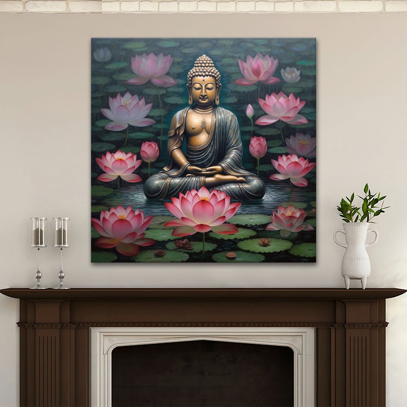 Buddha Lotus Flower Canvas | Art Print Wall Hanging Picture | Peaceful ...