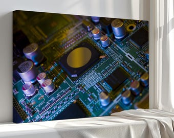 Placa de circuito, impresión artística moderna sobre lienzo – Decoración elegante para el hogar – Obra de arte de alta calidad para colgar en la pared, ideal para cualquier estilo de interior.