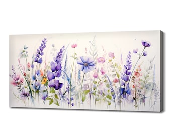 Lámina artística de flores silvestres de color rosa púrpura / Lienzo impreso de flores de pradera / Adorno de pared floral botánico en acuarela / Decoración de pared con flores coloridas