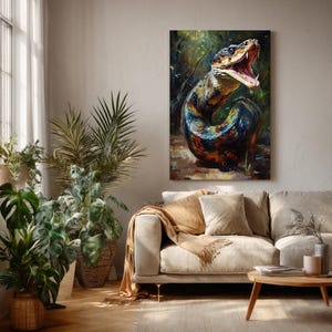 May include: A vertical wall art print featuring a vibrant, textured oil painting of a coiled snake with its mouth wide open, displaying sharp fangs. The snake's scales are rendered in deep blues, oranges, and yellows against a dark, forest background.