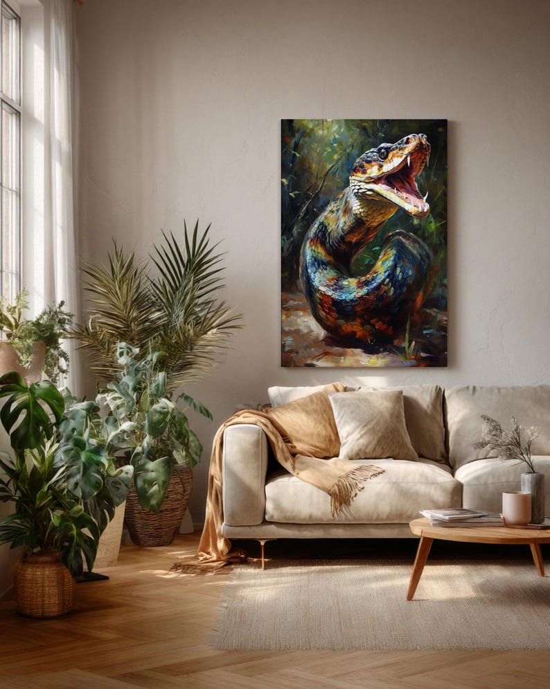 May include: A vertical wall art print featuring a vibrant, textured oil painting of a coiled snake with its mouth wide open, displaying sharp fangs. The snake's scales are rendered in deep blues, oranges, and yellows against a dark, forest background.