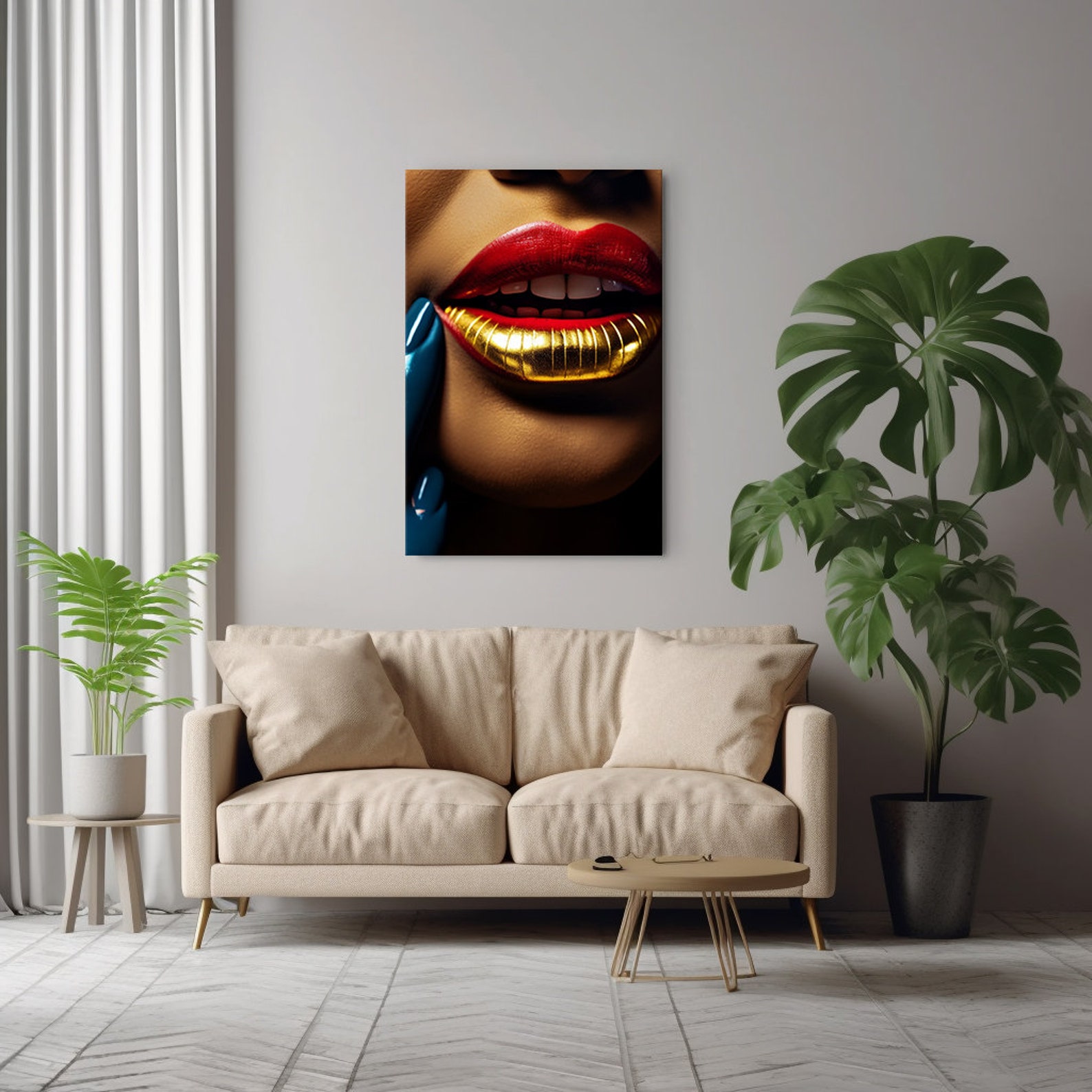 Elegant Metallic Shiny Gold Red Lips Canvas Print | Modern Fashion Wall ...