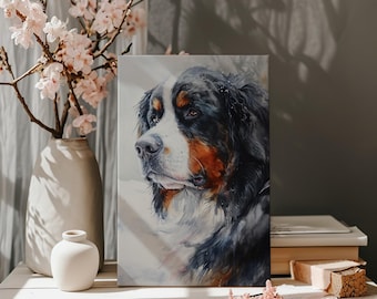 May include: A watercolor painting of a Bernese Mountain Dog. The dog's fur is black, white, and brown, with a detailed depiction of its face and fur. The artwork is displayed on a white canvas, with a soft, blurred background.