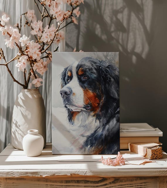 Watercolor Bernese Mountain Dog Wall Art Canvas Print, Dog