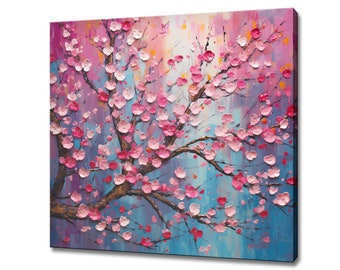 Ölgemälde eines rosa Pflaumenblütenbaums auf Leinwand, moderne florale botanische Wandkunst