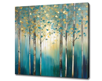 Birch Forest Trees Abstract Teal Yellow Oil Painting Style Canvas Print, Modern  Landscape Wall Art Print, Countryside Picture Wall Hanging