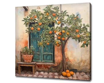 Vintage Spanish Orange Tree House Yard Oil Painting Style Canvas Print, Modern Landscape Wall Art Print, Countryside Picture Wall Hanging