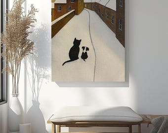 Winter Cat and Dog Canvas Print, Cosy Snowy Village Wall Art