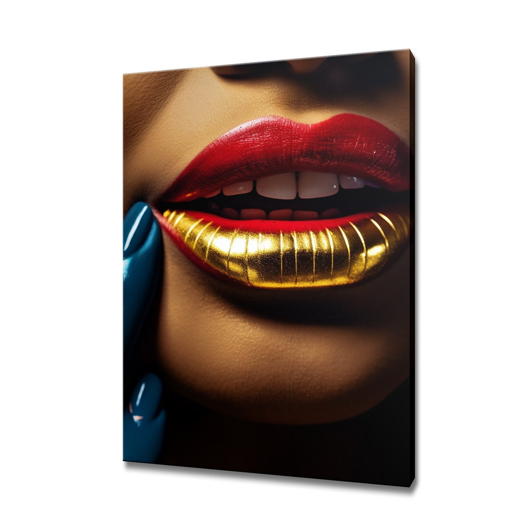Elegant Metallic Shiny Gold Red Lips Canvas Print | Modern Fashion Wall ...