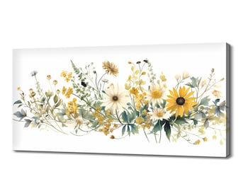 Yellow Wildflowers Art Print | Meadow Flowers Canvas Print Picture | Watercolour Botanical Floral Wall Hanging | Colourful Flowers Wall Art