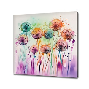 Colourful Dandelion Flowers Field Watercolour Painting Style Canvas Print, Modern Floral Wall Art Print, Colourful Botanical Art Prints