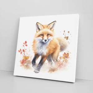 Red Fox & Autumn Leaves Canvas Print Wall Art – Woodland Animals Rustic Decor – Cute Illustration for Nursery, Bedroom or Living Room