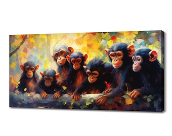 Chimpanzees Art Print | Colourful Animals Canvas Picture | Wild life Painting Wall Hanging | Multiple Sizes | High Quality Wall Art