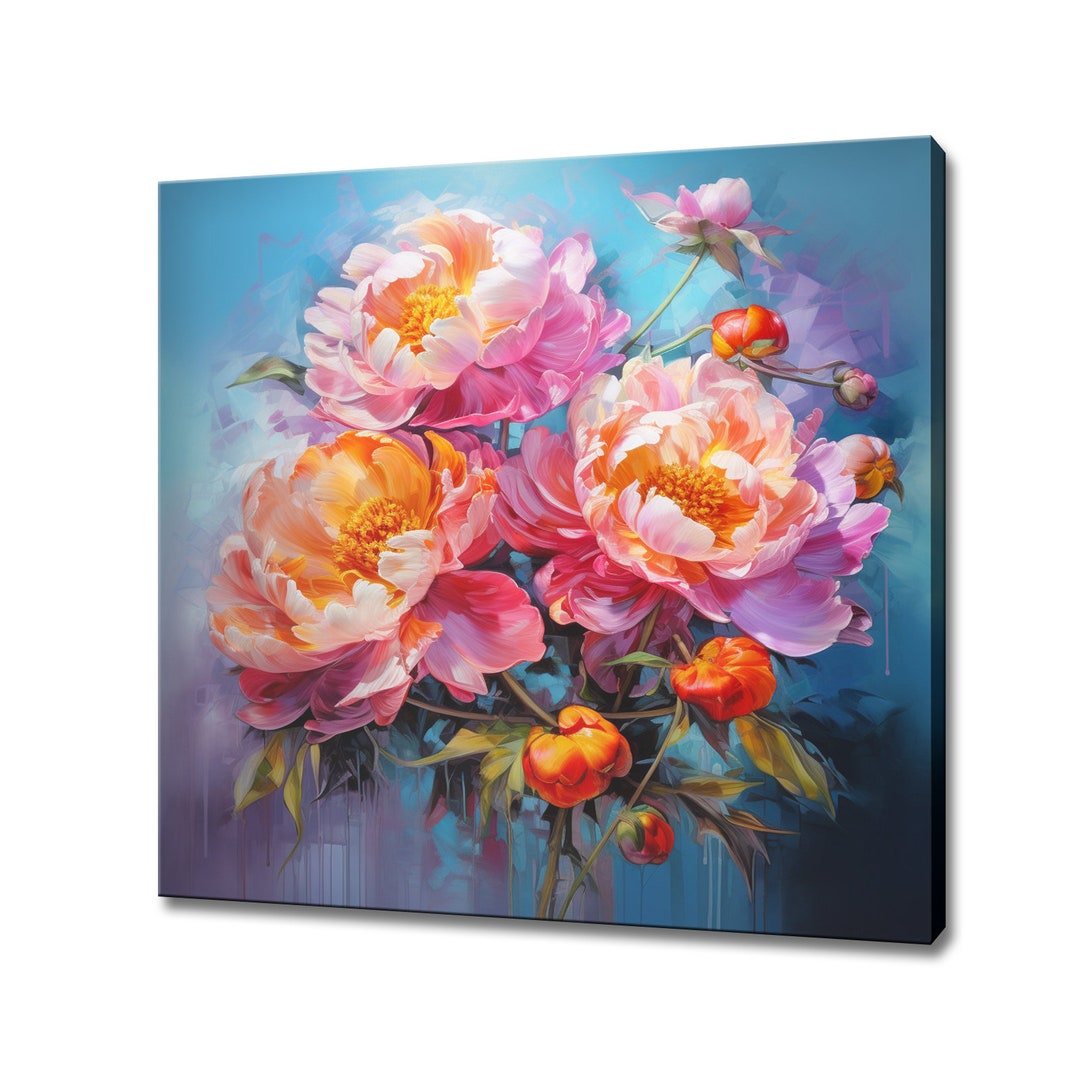Pink Peony Flowers Bouquet Oil Painting Style Canvas Print, Modern ...