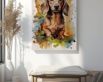 Puede incluir: Una pintura de acuarela de un perro salchicha. El perro es marrón con orejas largas, sentado sobre hierba verde. El fondo presenta salpicaduras de acuarela coloridas de amarillo, naranja y azul. La obra de arte se exhibe en un lienzo blanco.