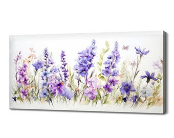 Purple Wildflowers Art Print | Meadow Flowers Canvas Print Picture | Watercolour Botanical Floral Wall Hanging | Colourful Flowers Wall Art