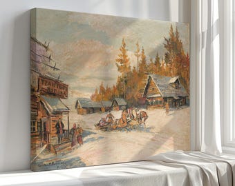 Paseo en trineo invernal de Konstantin Alexeevich Korovin, lienzo de paisaje invernal, reproducción de pintura al óleo rústica con escena invernal.