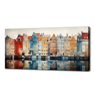 Colourful Copenhagen Houses Denmark Canvas Print Wall Art, Modern Design Home Office Decor Famous Landmarks Skyline Colourful Painting Print