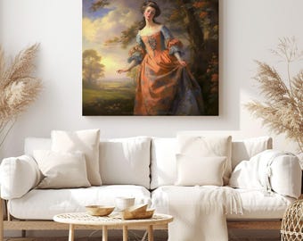 Regal Rococo Woman Canvas Print – Elegant Wall Art in Orange and Blue
