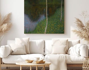 Lakeshore with Birches, Gustav Klimt Painting Reproduction, Canvas Print Wall Art, Classic Artwork for Living Room Decor