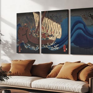 The Ghost of Taira Tomomori Appearing at Daimotsu Bay Japanese Canvas Print – Utagawa Kuniyoshi Artwork – Samurai, Myth, & Folklore Triptych