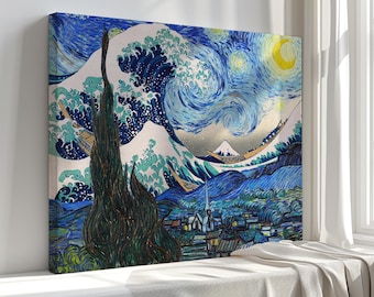 The Starry night & Great Wave, Canvas Print Vintage Style Wall Art – Reproduction of Old Master Paintings on Premium Canvas