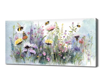 Wildflowers Art Print | Meadow Flowers Canvas Picture | Watercolour Botanical Floral Wall Hanging | Multiple Sizes | High Quality Wall Art