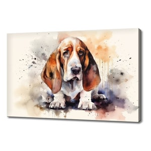 Cute Basset Hound Dog Watercolour Canvas Print | Animals Canvas Picture | Dog Lovers Gift Painting Wall Hanging | Wall Art Print On Canvas