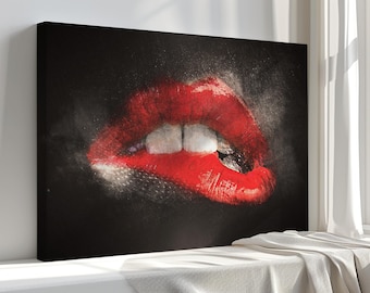 May include: A close-up of a red, glossy, open mouth with white teeth. The lips are outlined in black and the background is a dark, textured black.