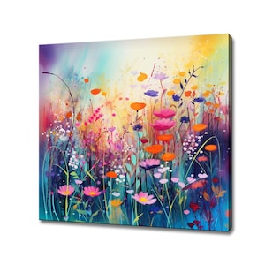 Wunderschöne bunte Wildblumen Wiese Aquarell Malerei Stil Leinwanddruck, Moderne Blumenwand Kunst Druck, Botanische Kunst Drucke