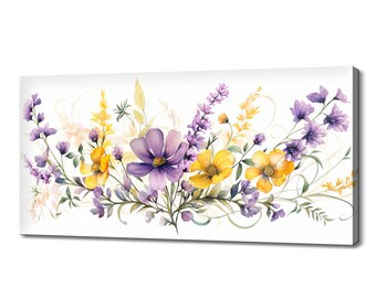 Lámina artística de flores silvestres amarillas y moradas en pradera / Lienzo impreso de flores de pradera / Adorno de pared floral botánico en acuarela / Arte de pared con flores